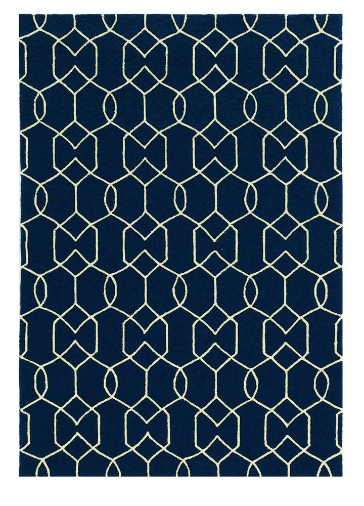 7' Navy Blue And White Round Moroccan Handmade Indoor Outdoor Area Rug