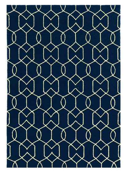 7' Navy Blue And White Round Moroccan Handmade Indoor Outdoor Area Rug