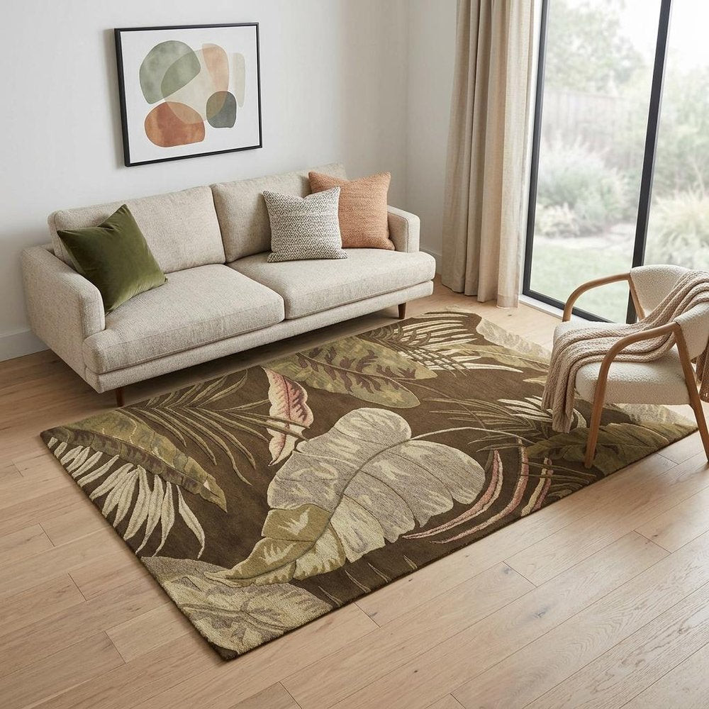 5' X 8' Brown And Beige Wool Botanical Leaves Hand Tufted Area Rug
