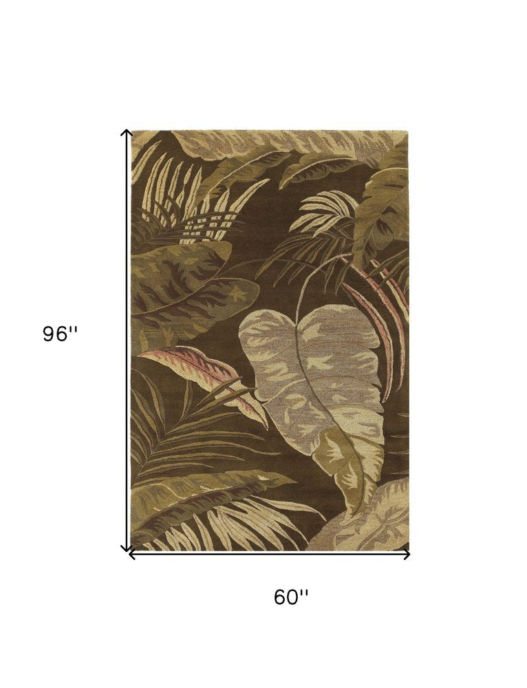5' X 8' Brown And Beige Wool Botanical Leaves Hand Tufted Area Rug