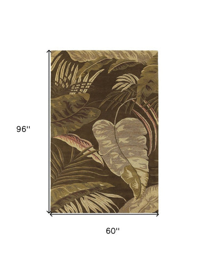 5' X 8' Brown And Beige Wool Botanical Leaves Hand Tufted Area Rug