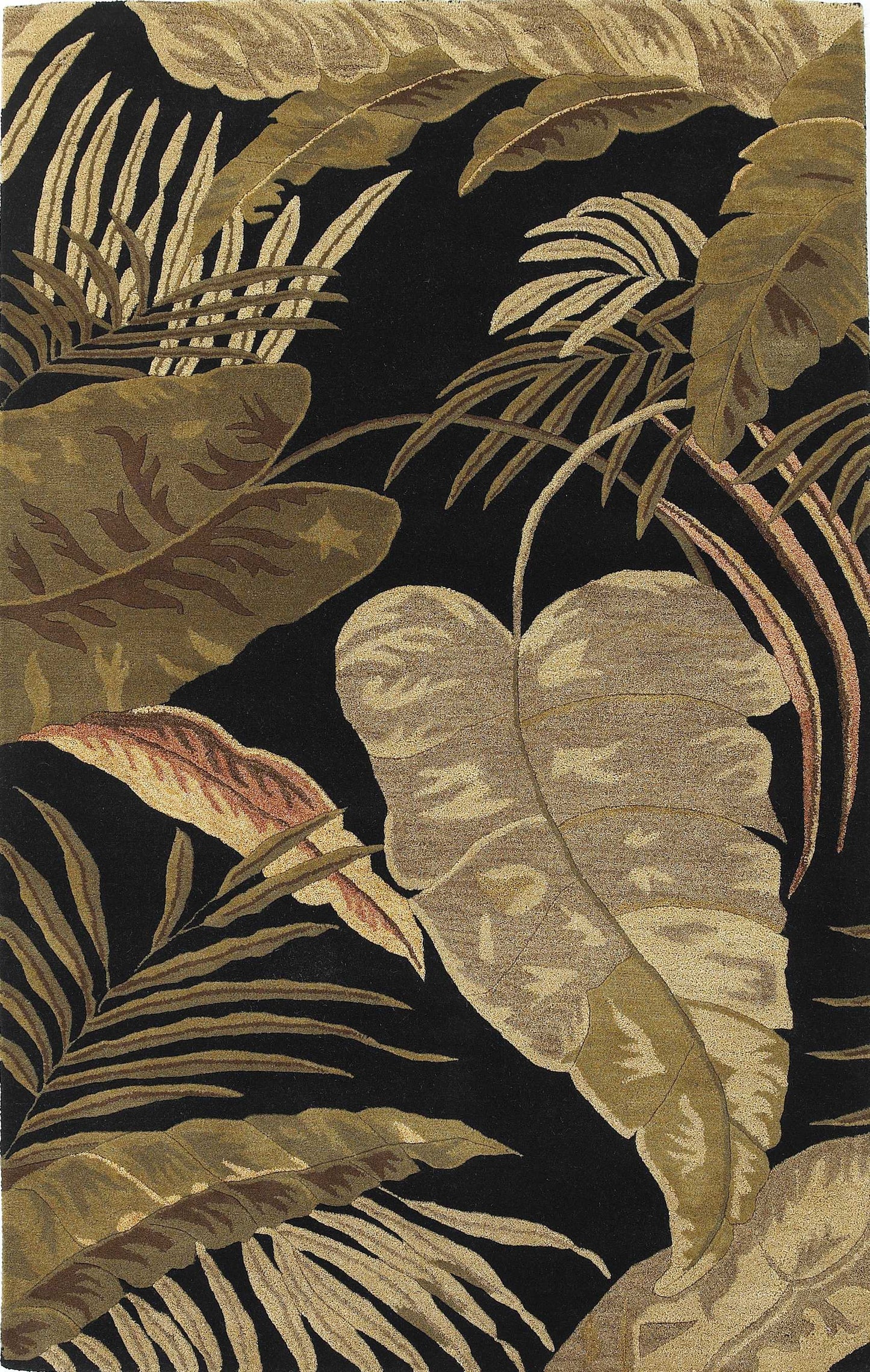 8' X 11' Midnight Black Hand Tufted Tropical Leaves Indoor Area Rug