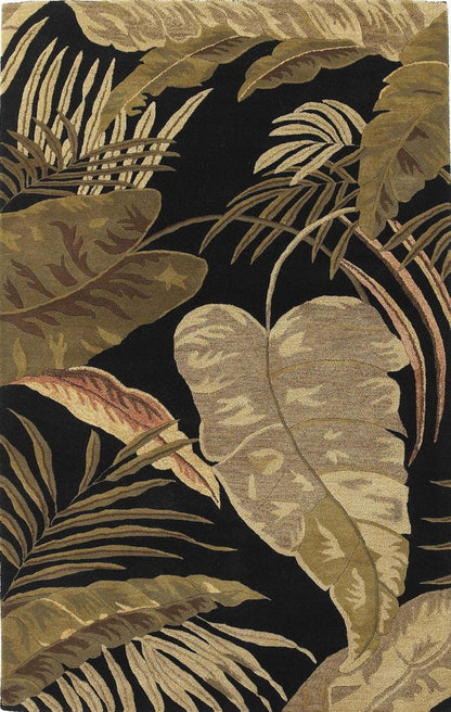8' X 11' Black Beige And Brown Wool Botanical Leaves Hand Tufted Area Rug