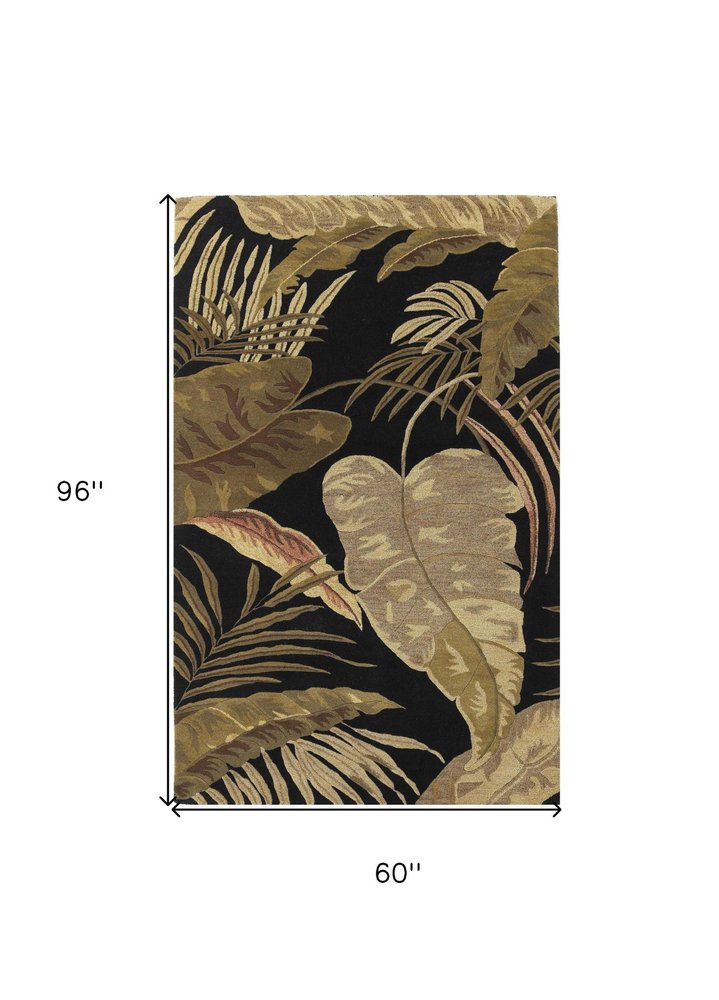 8' X 11' Black Beige And Brown Wool Botanical Leaves Hand Tufted Area Rug
