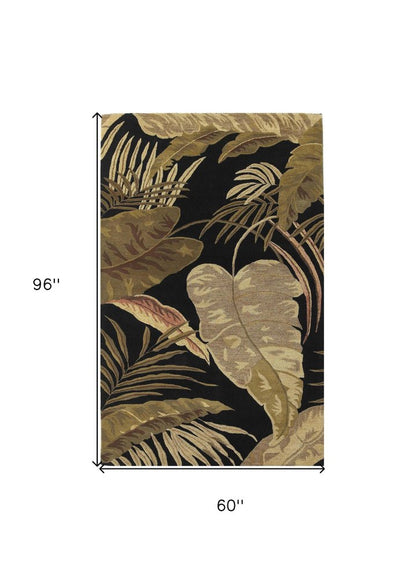 8' X 11' Black Beige And Brown Wool Botanical Leaves Hand Tufted Area Rug