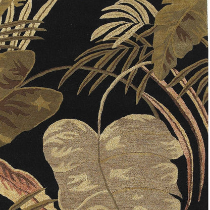 8' X 11' Midnight Black Hand Tufted Tropical Leaves Indoor Area Rug