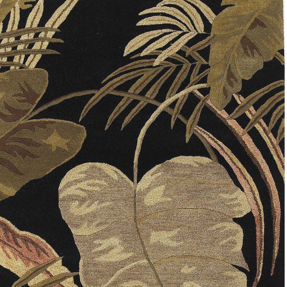 5' X 8' Black Beige And Brown Wool Botanical Leaves Hand Tufted Area Rug