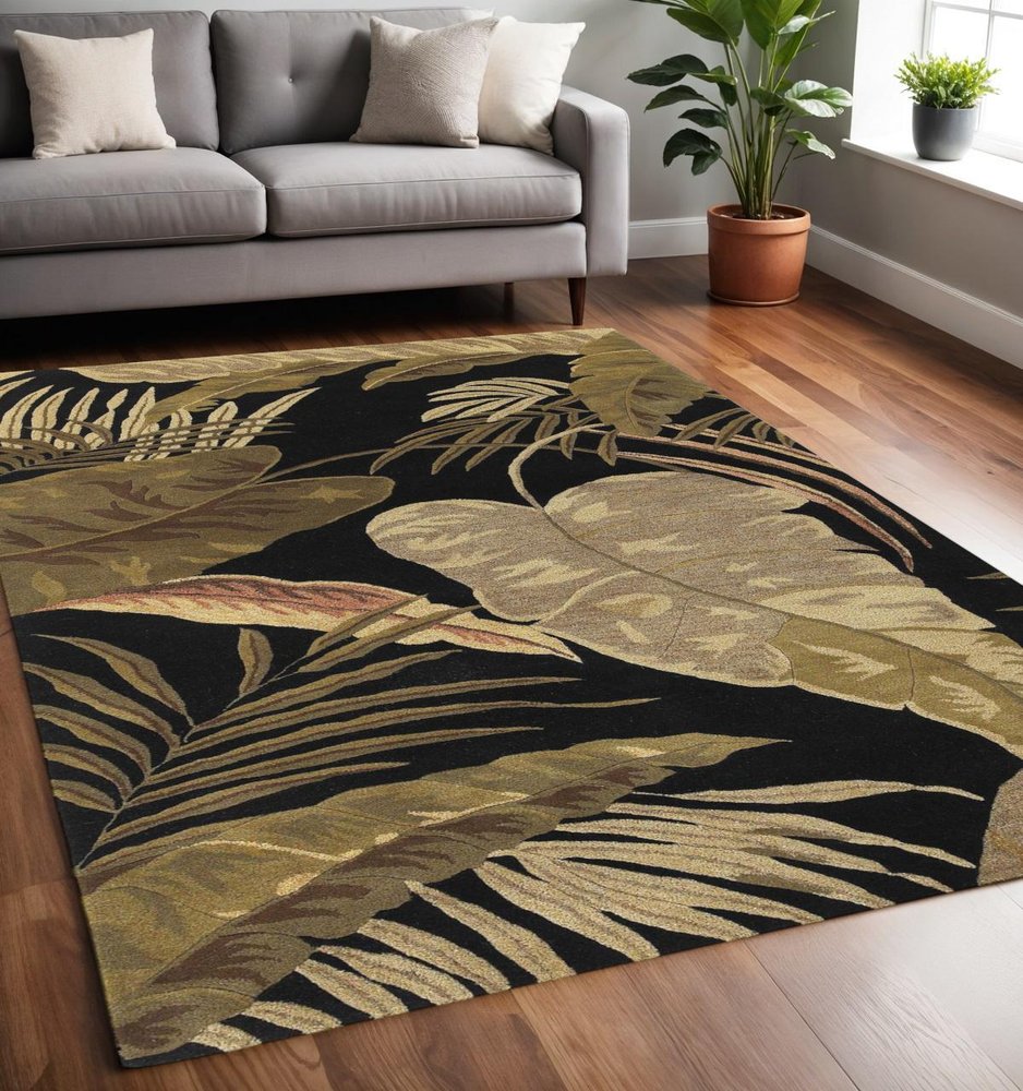 8' X 11' Black Beige And Brown Wool Botanical Leaves Hand Tufted Area Rug