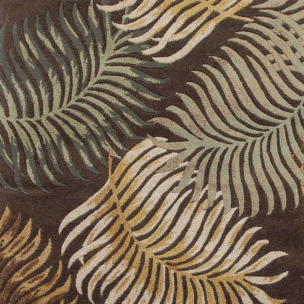 8' Espresso Beige And Green Wool Botanical Leaves Hand Tufted Runner Rug