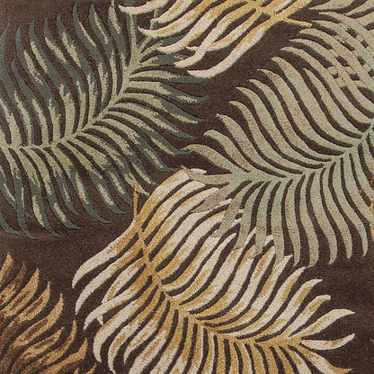 8' Espresso Beige And Green Wool Botanical Leaves Hand Tufted Runner Rug