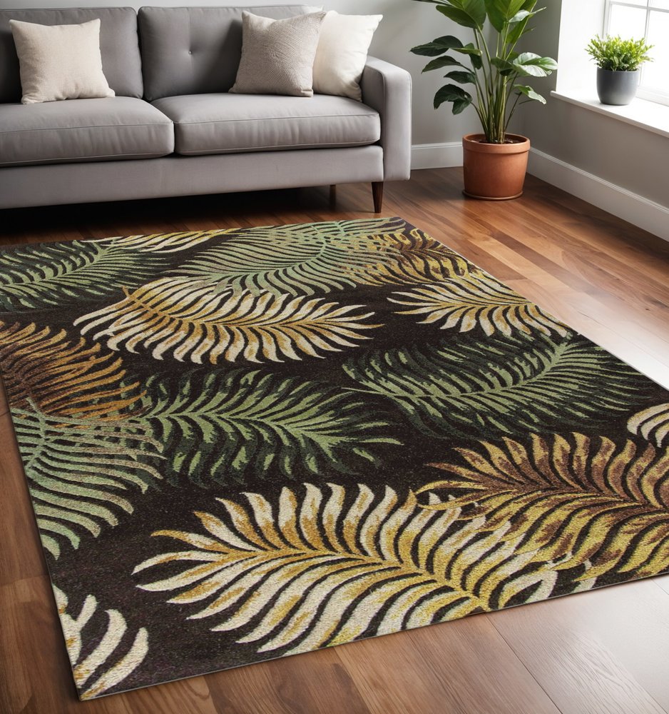 3' X 5' Espresso Beige And Green Wool Botanical Leaves Hand Tufted Area Rug