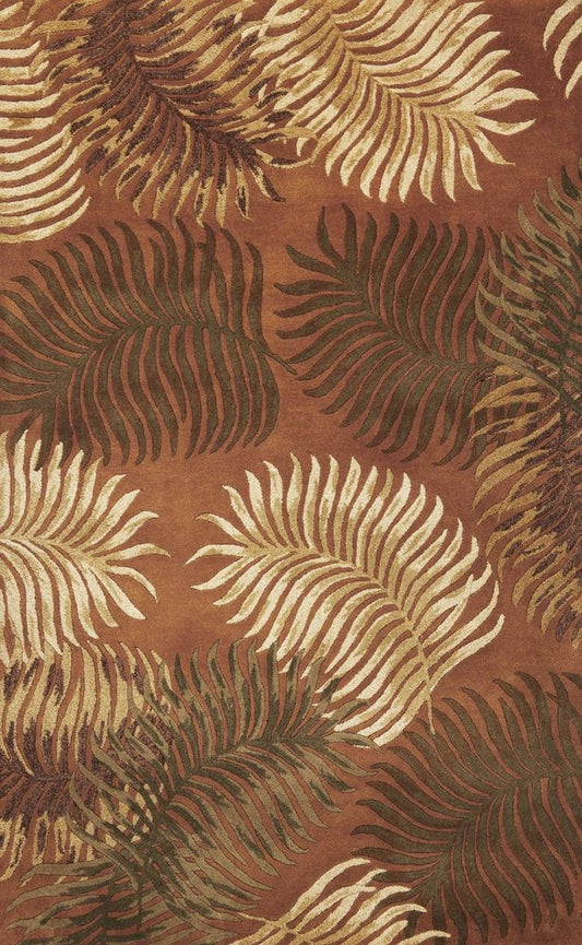8' Rust Orange And Green Wool Botanical Leaves Hand Tufted Round Rug