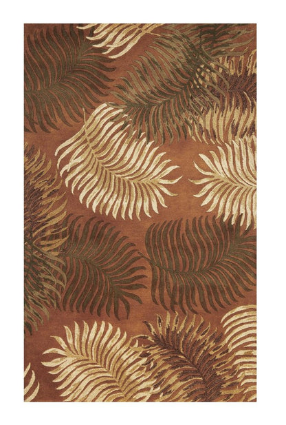 8' Rust Orange And Green Wool Botanical Leaves Hand Tufted Round Rug