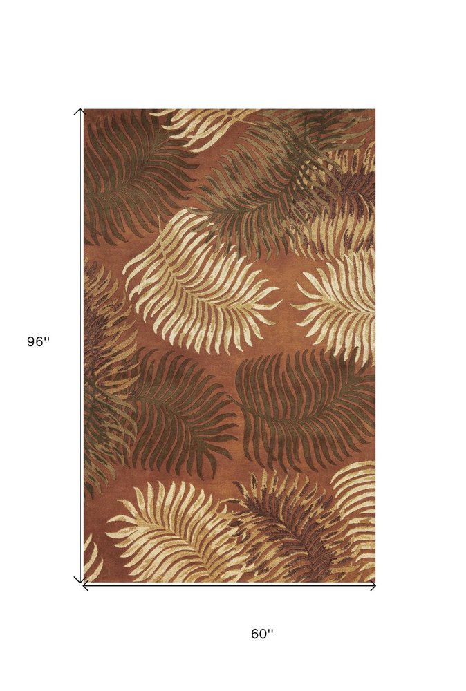8' Rust Orange And Green Wool Botanical Leaves Hand Tufted Round Rug