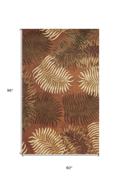 8' Rust Orange And Green Wool Botanical Leaves Hand Tufted Round Rug