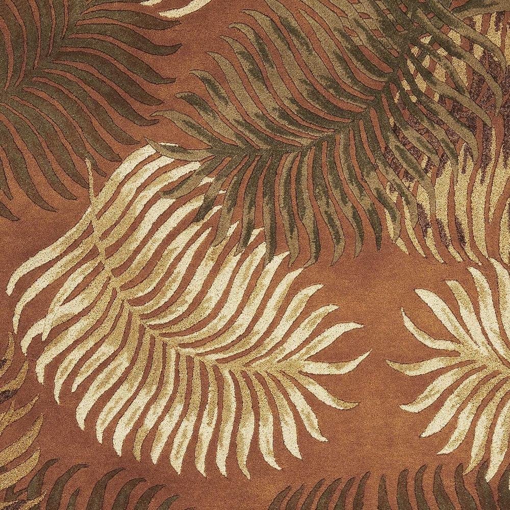 8' Rust Orange And Green Wool Botanical Leaves Hand Tufted Round Rug