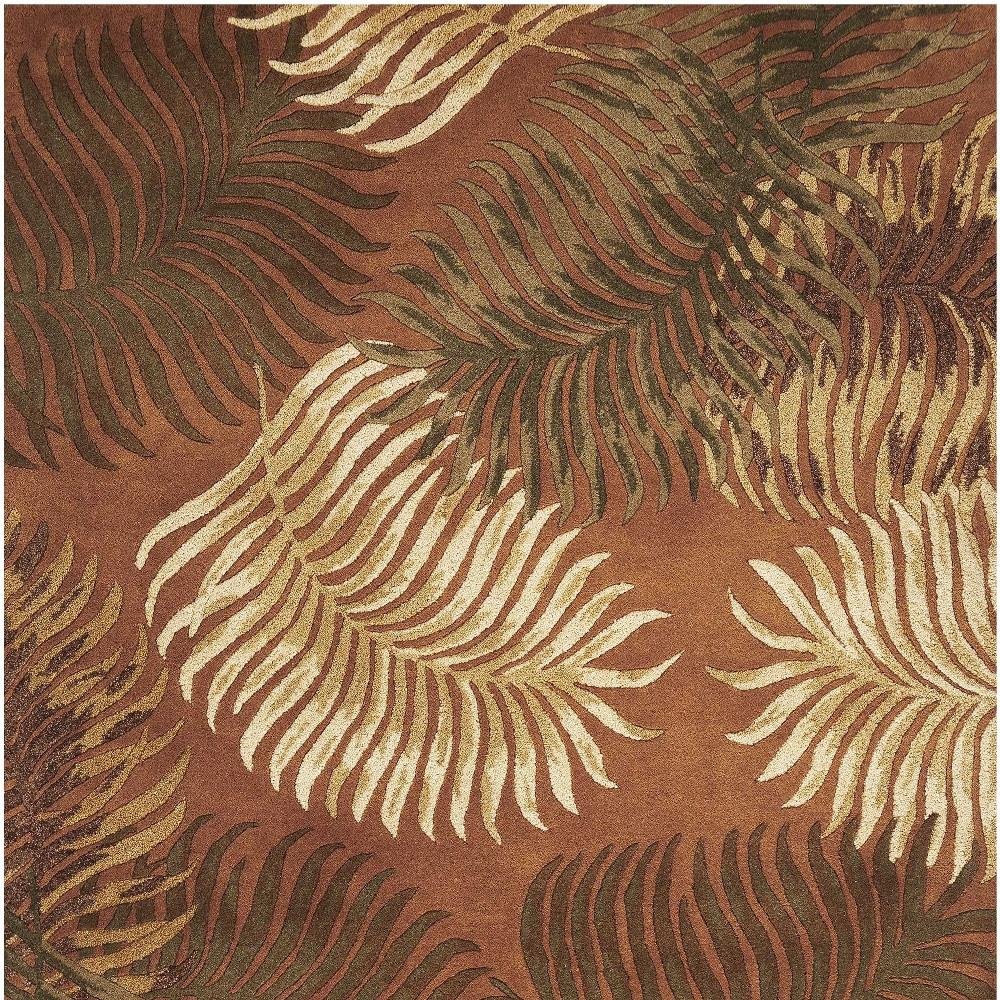 8' Rust Orange And Green Wool Botanical Leaves Hand Tufted Round Rug