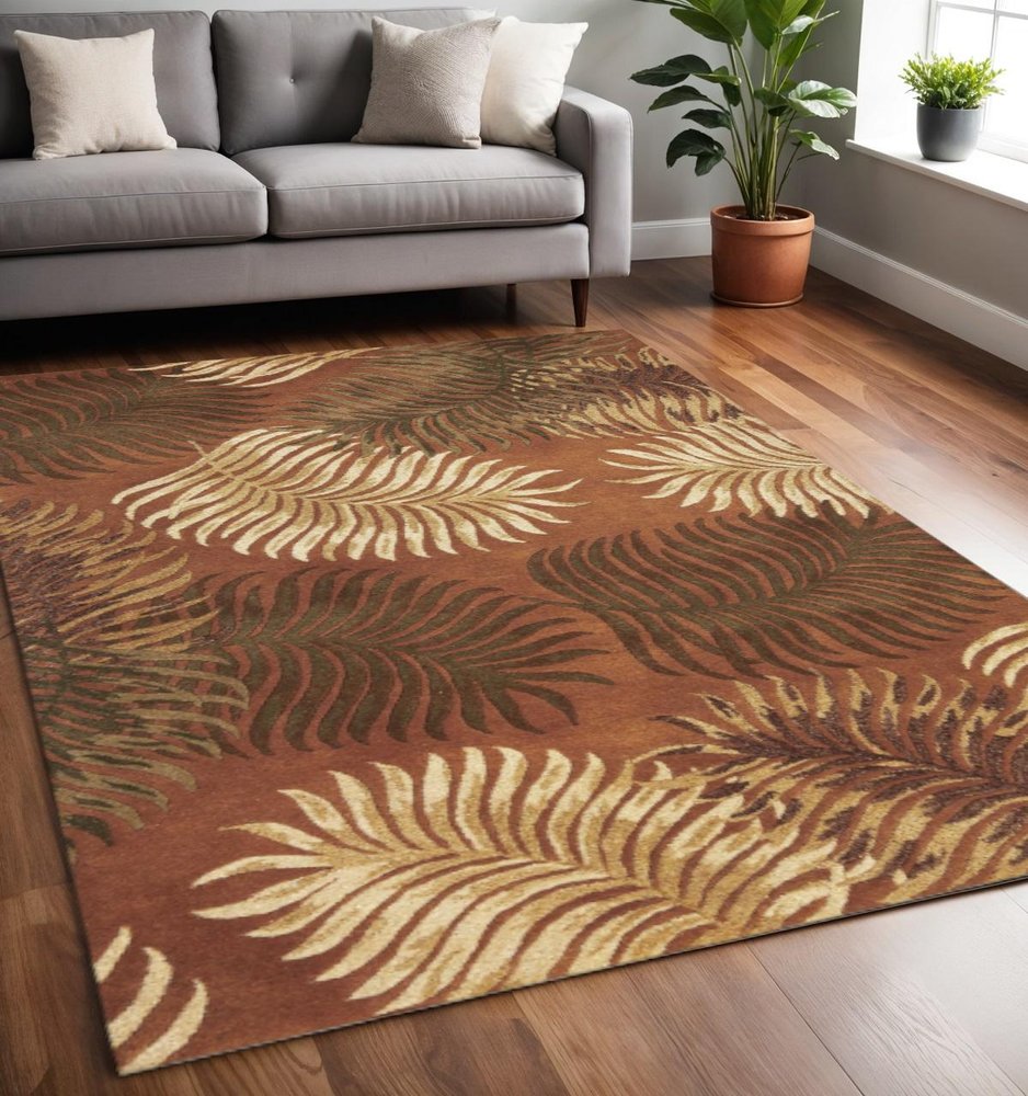 8' Rust Orange And Green Wool Botanical Leaves Hand Tufted Round Rug
