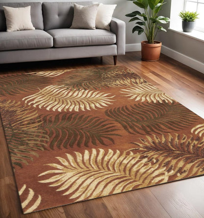 8' Rust Orange And Green Wool Botanical Leaves Hand Tufted Round Rug