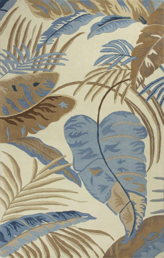 8' Ivory Blue And Brown Wool Tropical Botanical Hand Tufted Round Rug