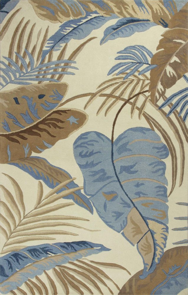 3' X 5' Ivory Blue And Brown Wool Tropical Botanical Hand Tufted Area Rug