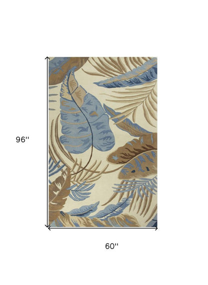5' X 8' Ivory Blue And Brown Wool Tropical Botanical Hand Tufted Area Rug