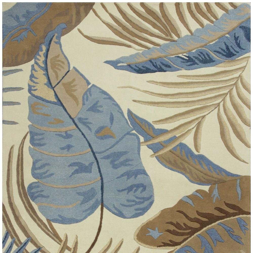 3' X 5' Ivory Blue And Brown Wool Tropical Botanical Hand Tufted Area Rug