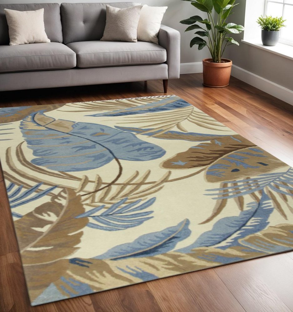 3' X 5' Ivory Blue And Brown Wool Tropical Botanical Hand Tufted Area Rug
