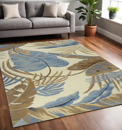 3' X 5' Ivory Blue And Brown Wool Tropical Botanical Hand Tufted Area Rug