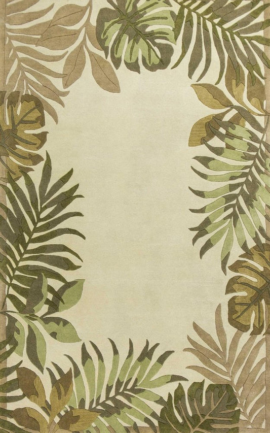 8' Ivory And Green Wool Botanical Leaves Hand Tufted Round Rug