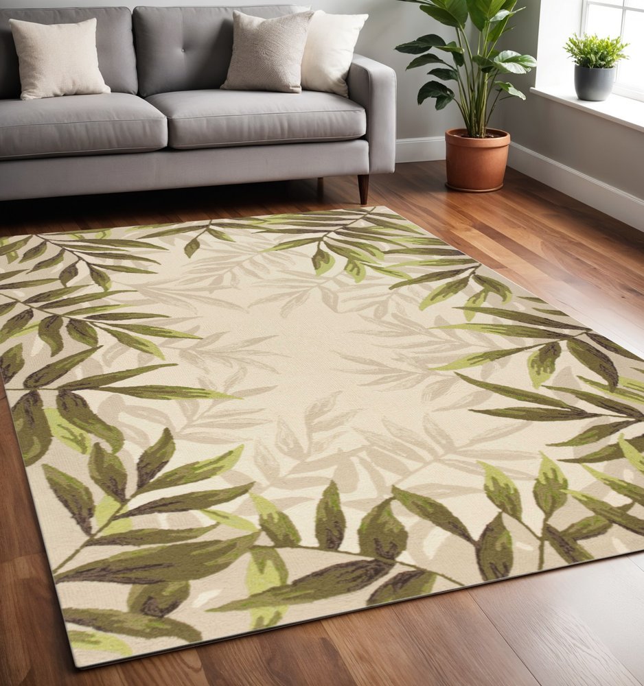 8' X 11' Ivory And Green Wool Botanical Leaves Hand Tufted Area Rug