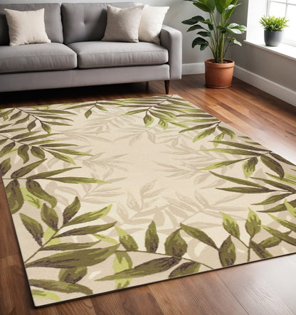 8' X 11' Ivory And Green Wool Botanical Leaves Hand Tufted Area Rug