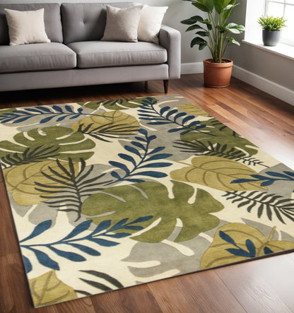 8' X 11' Ivory Green And Blue Wool Botanical Leaves Hand Tufted Area Rug