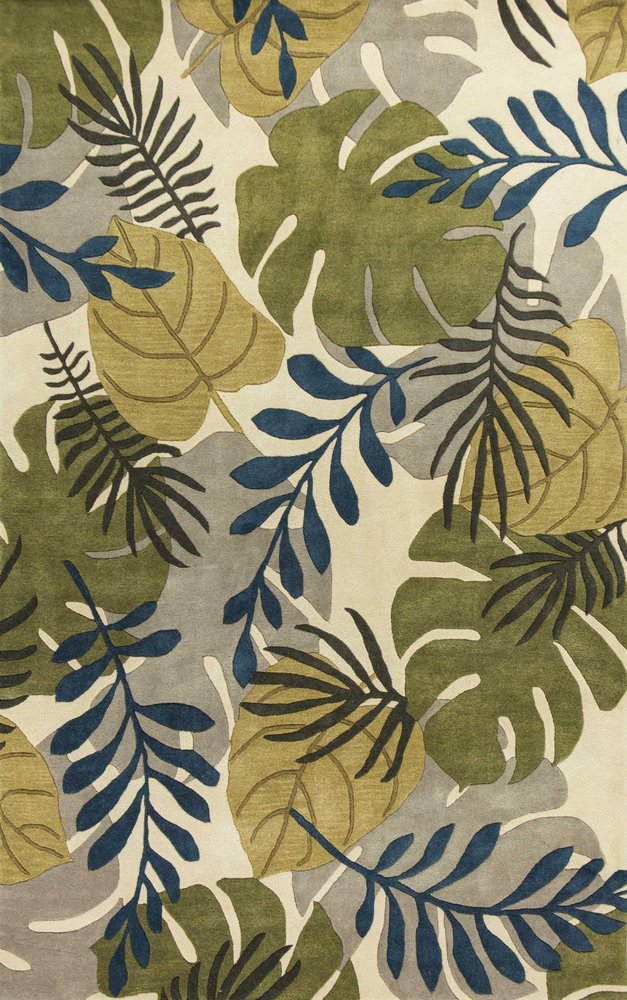8' Ivory Green And Blue Wool Botanical Leaves Hand Tufted Runner Rug