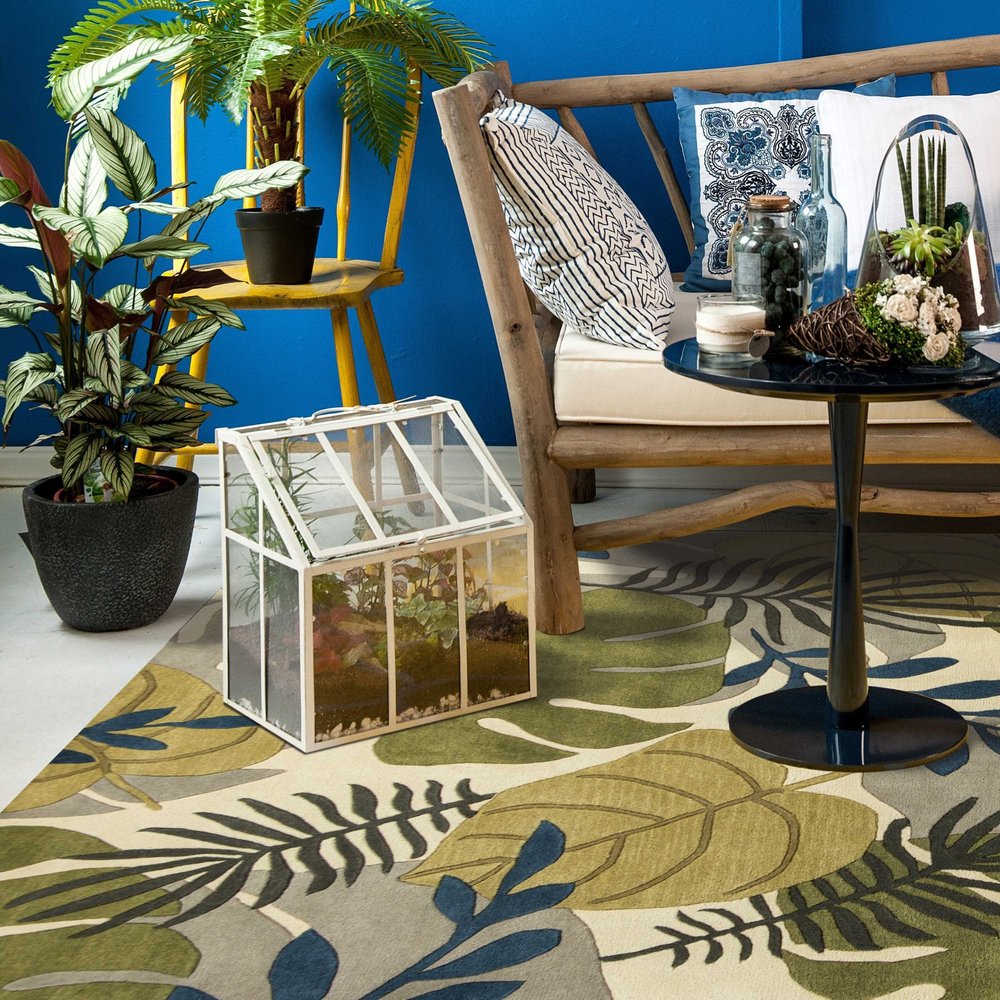 8' X 11' Ivory Green And Blue Wool Botanical Leaves Hand Tufted Area Rug