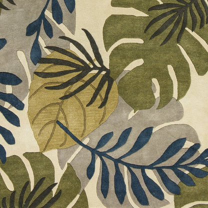8' X 11' Ivory Green And Blue Wool Botanical Leaves Hand Tufted Area Rug