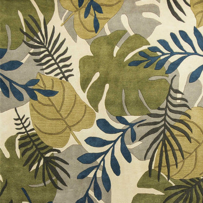 8' X 11' Ivory Green And Blue Wool Botanical Leaves Hand Tufted Area Rug