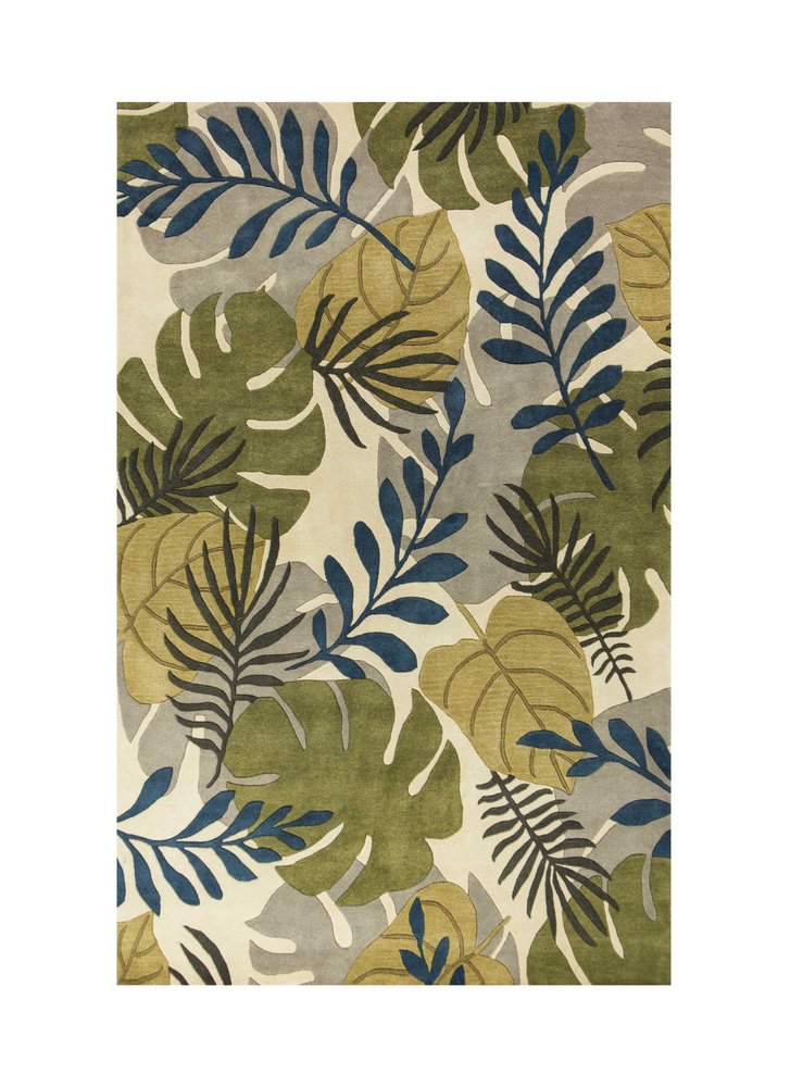 8' X 11' Ivory Green And Blue Wool Botanical Leaves Hand Tufted Area Rug