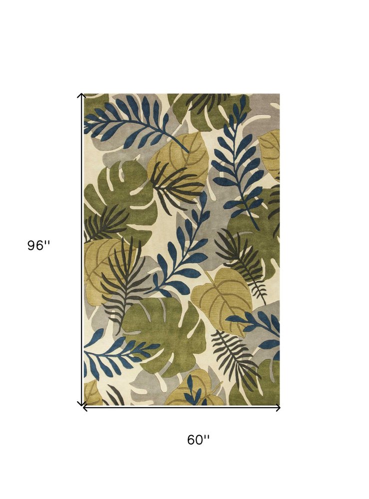 8' Ivory Green And Blue Wool Botanical Leaves Hand Tufted Runner Rug