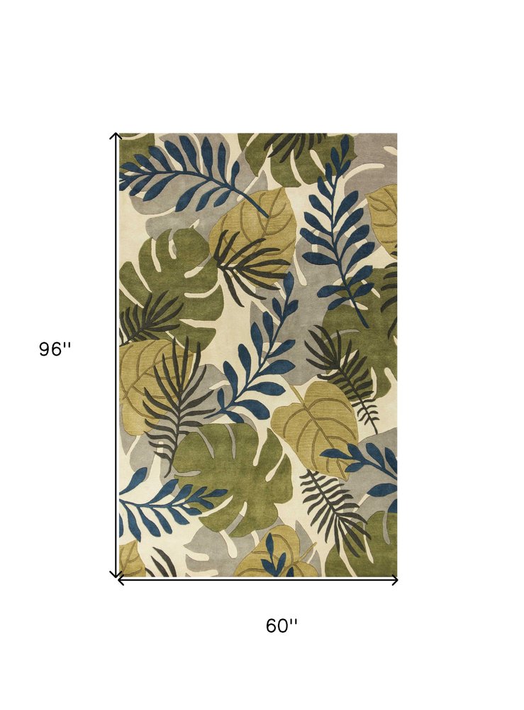 8' X 11' Ivory Green And Blue Wool Botanical Leaves Hand Tufted Area Rug