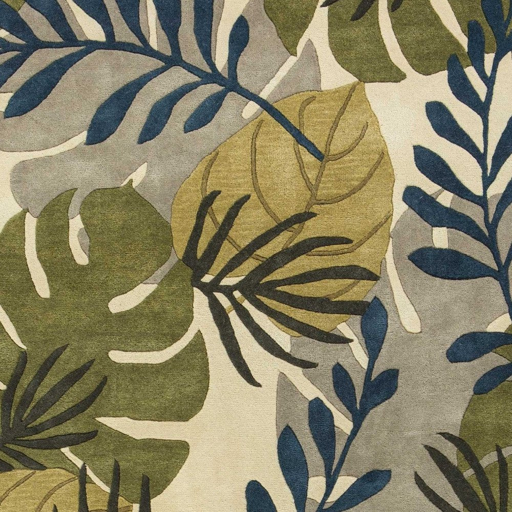 8' X 11' Ivory Green And Blue Wool Botanical Leaves Hand Tufted Area Rug