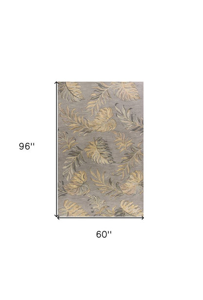 5' X 8' Gray And Taupe Wool Botanical Leaves Hand Tufted Area Rug