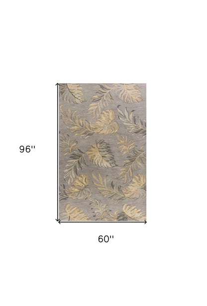 5' X 8' Gray And Taupe Wool Botanical Leaves Hand Tufted Area Rug