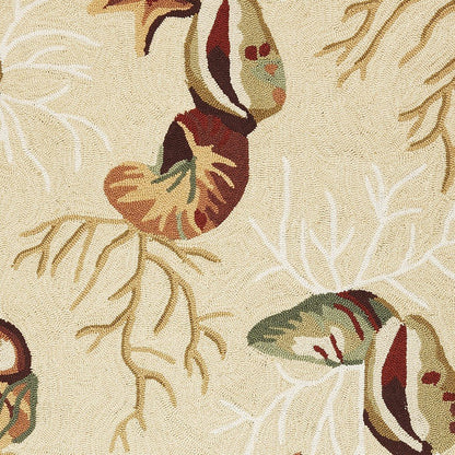 7' X 9' Beige Green And Brown Seashell and Coral Hand Tufted Area Rug