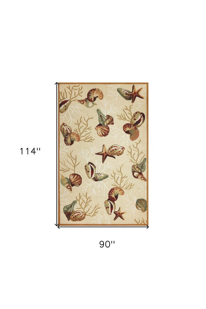 7' X 9' Beige Green And Brown Seashell and Coral Hand Tufted Area Rug