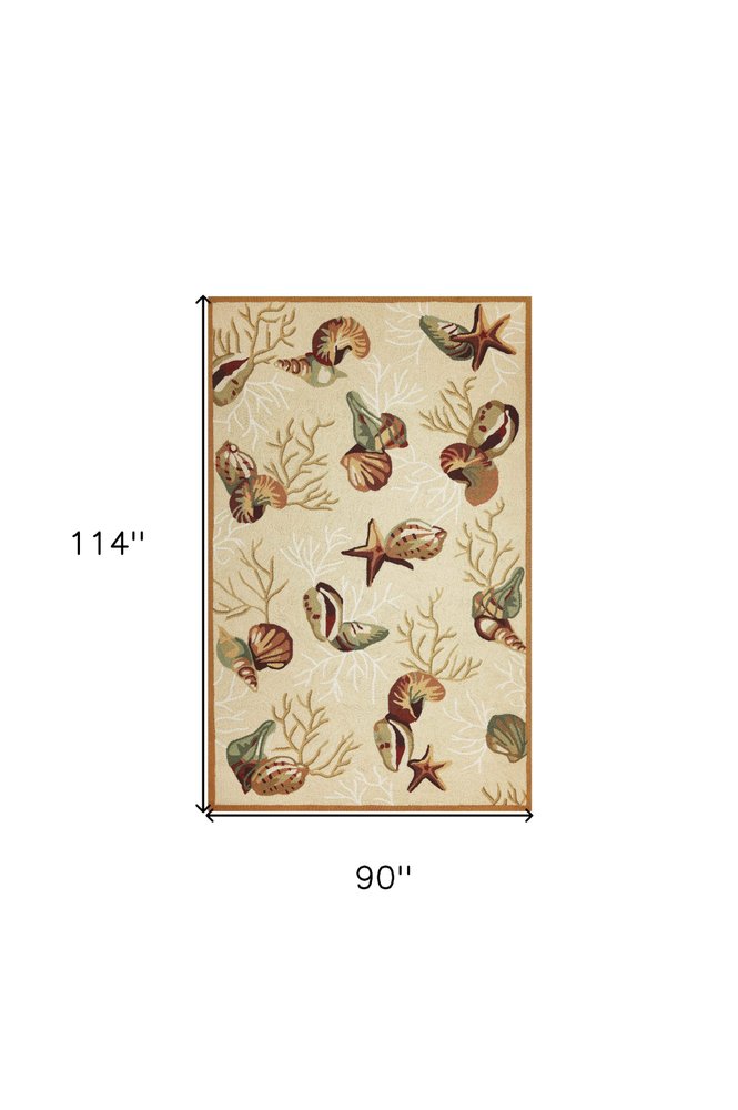7' X 9' Beige Green And Brown Seashell and Coral Hand Tufted Area Rug
