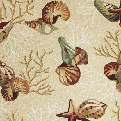 7' X 9' Beige Green And Brown Seashell and Coral Hand Tufted Area Rug
