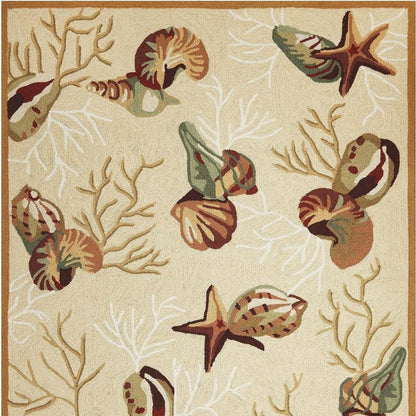 7' X 9' Beige Green And Brown Seashell and Coral Hand Tufted Area Rug