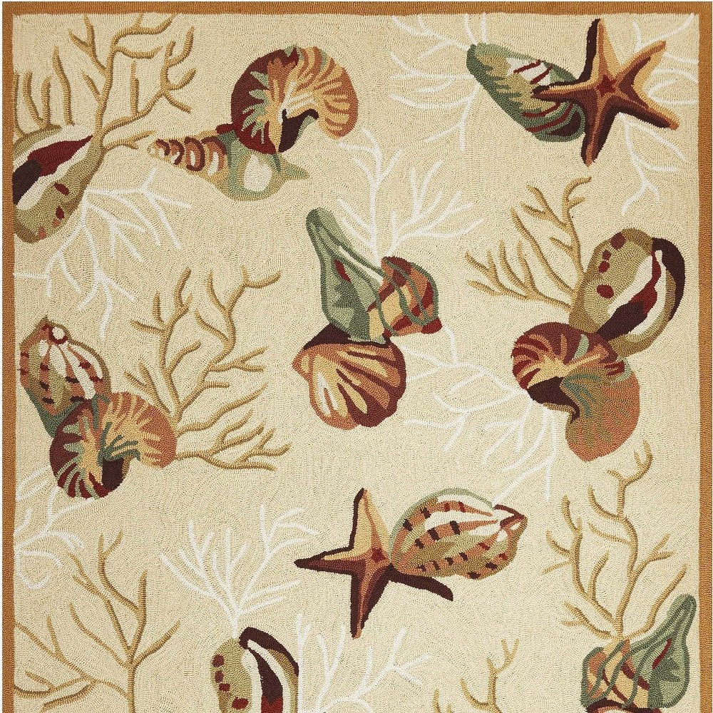 7' X 9' Beige Green And Brown Seashell and Coral Hand Tufted Area Rug