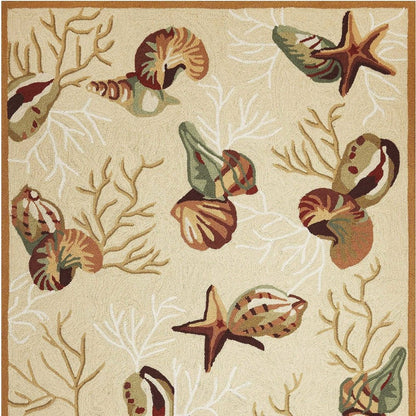 7' X 9' Beige Green And Brown Seashell and Coral Hand Tufted Area Rug